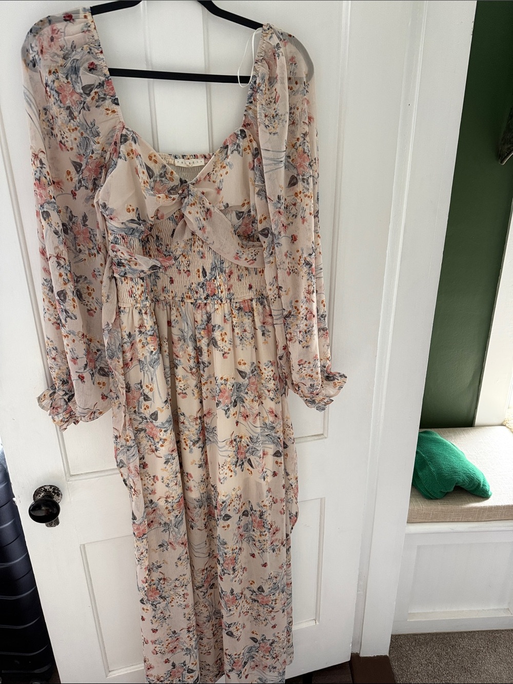 Promesa Floral Cream Maxi Dress with Bow Neck